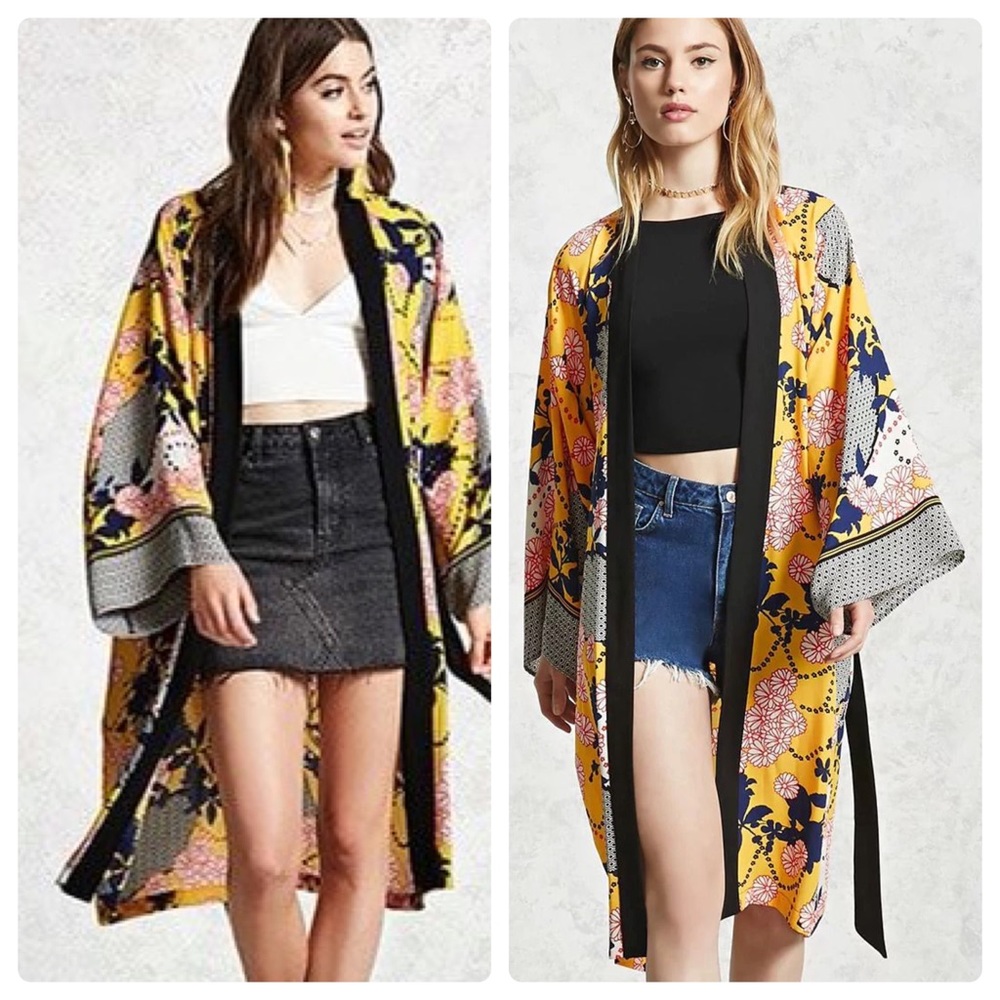 Forever 21 Contemporary Floral Print Kimono Yellow Black S